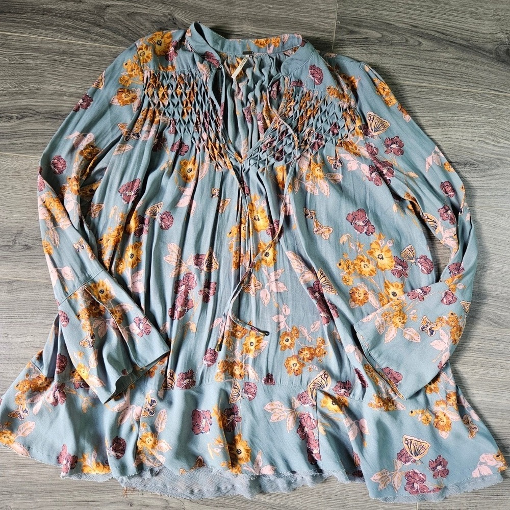 Free People So Fine Printed Smocked Top Boho Ruffle Hem Peasant Size Small